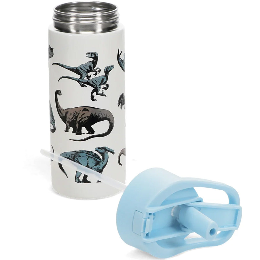 Rex London kinder drinkfles met dinosauruspatroon, de dop is eraf en toont de opening met rietje.