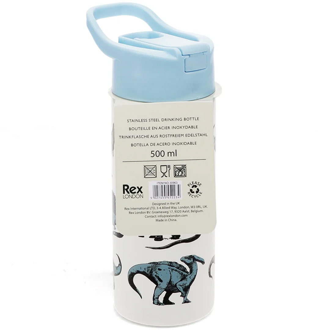 De achterkant van de verpakking van de Rex London kinder drinkfles met productinformatie en het Rex London logo.