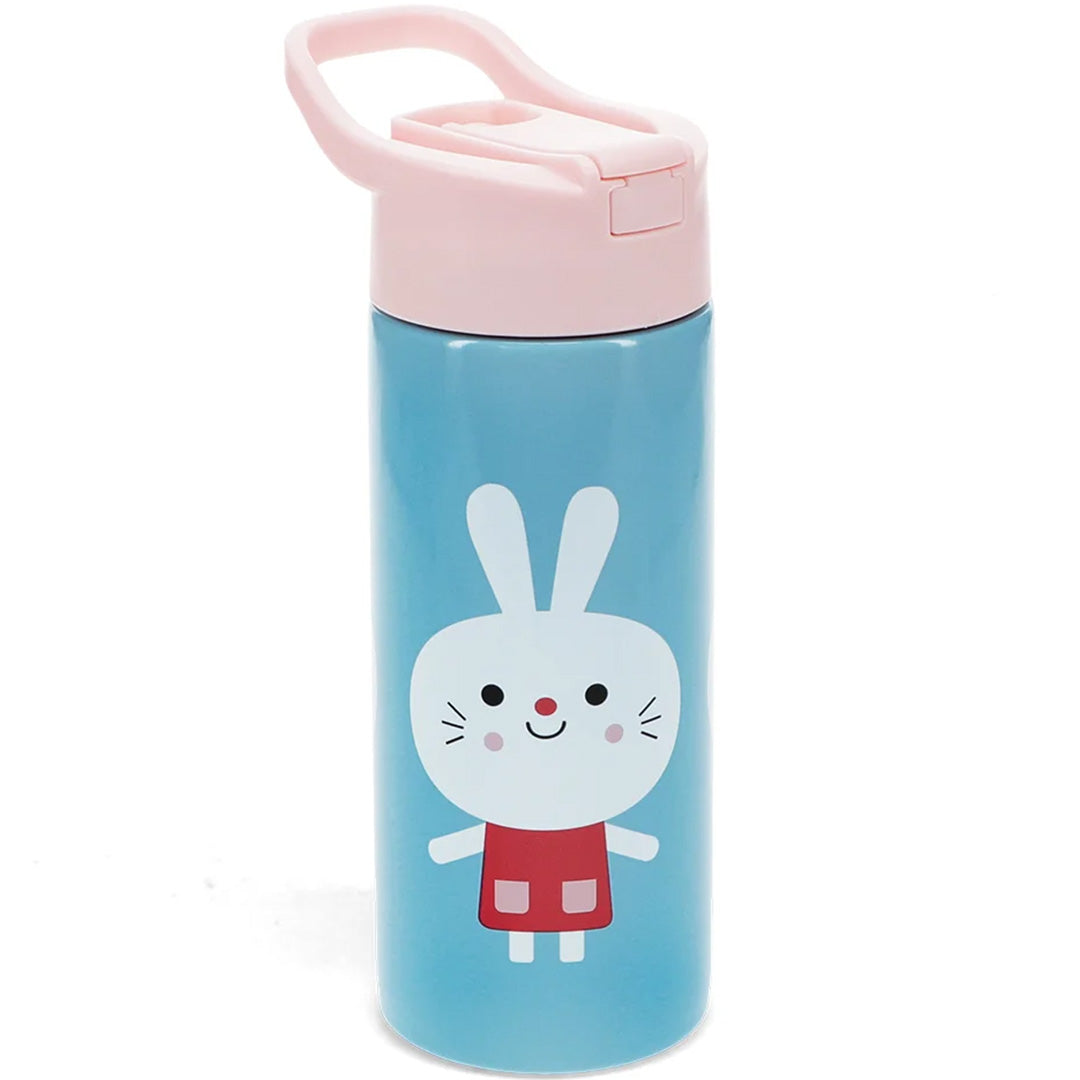 Rex London blauwe drinkfles met roze deksel en een konijnfiguur.