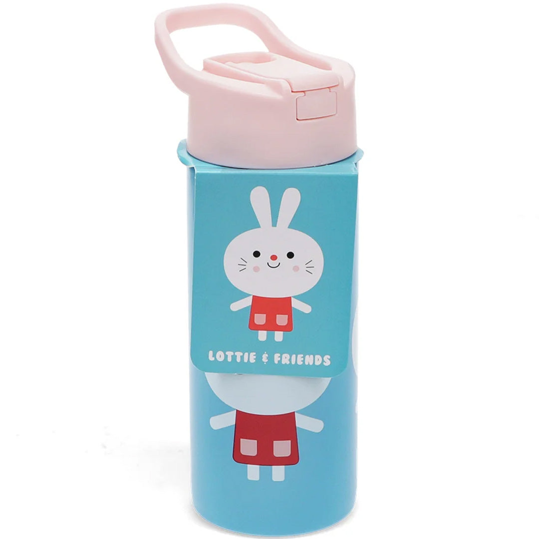 Verpakking van de Rex London blauwe drinkfles met konijnfiguur en 'Lottie & Friends' tekst.