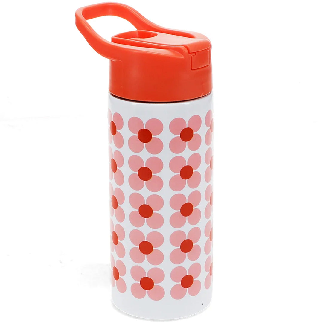 Rex London RVS drinkfles met roze madeliefjespatroon en oranje dop.