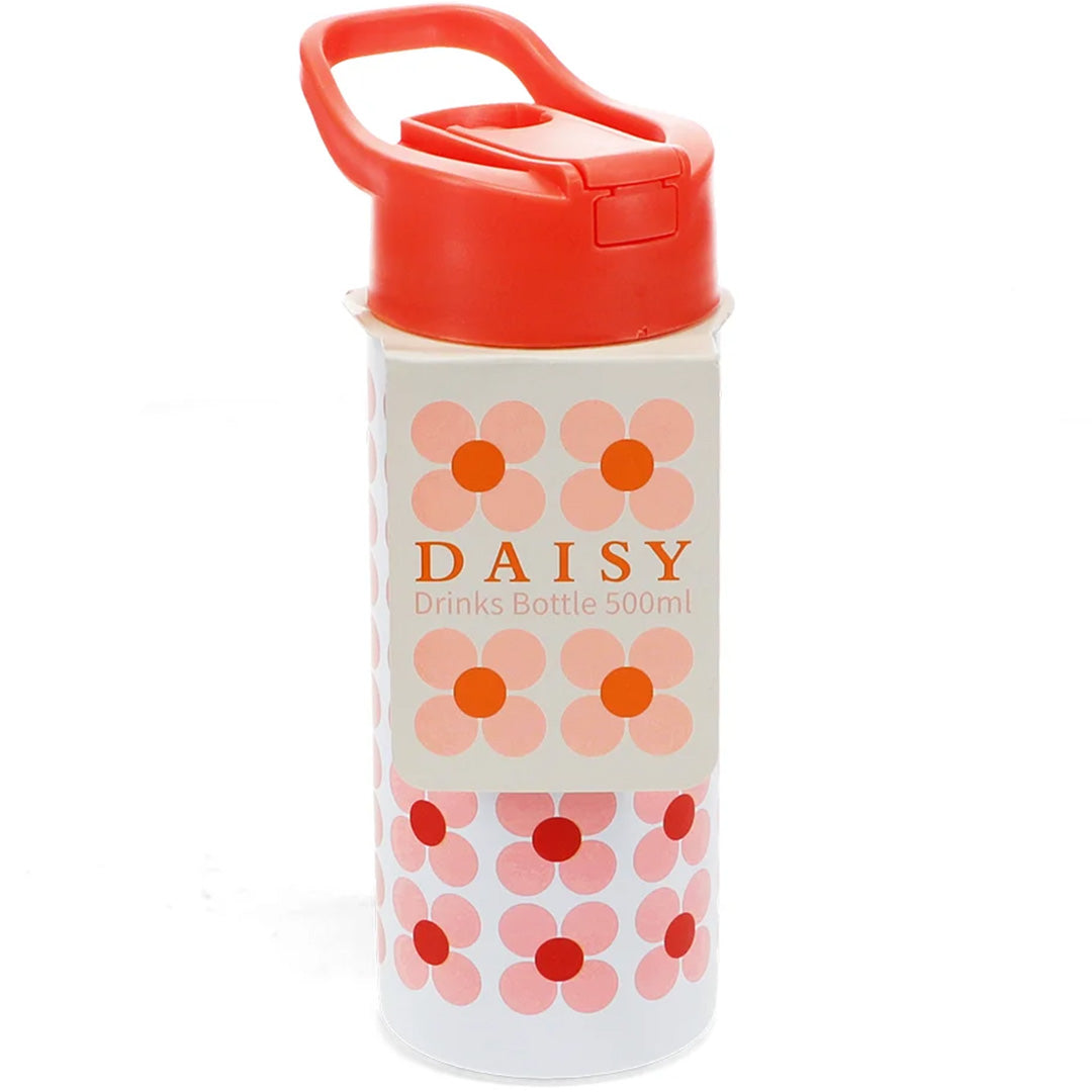 Voorkant van de verpakking van de Rex London RVS drinkfles met roze madeliefjespatroon en productnaam 'DAISY Drinks Bottle 500ml'.