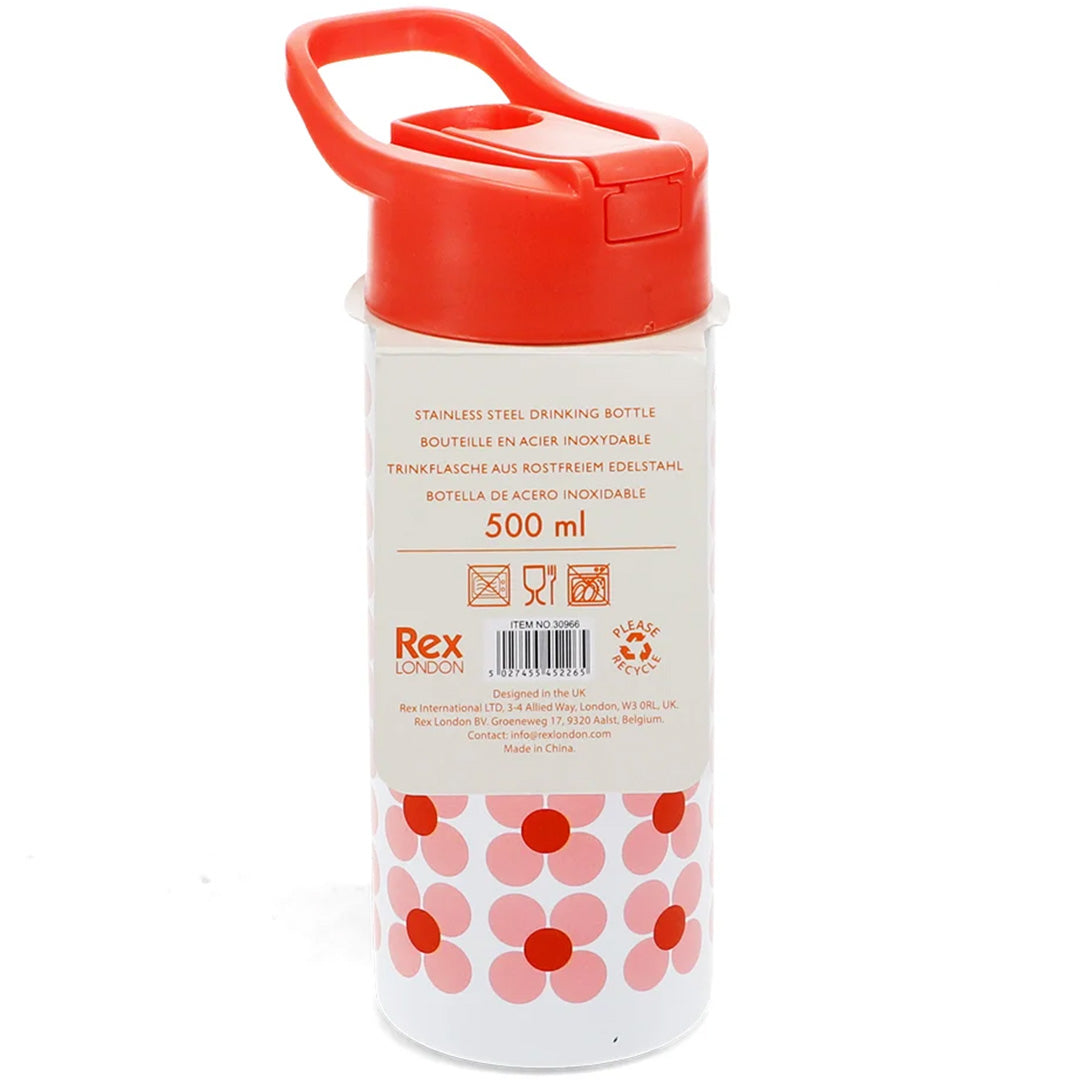 Achterkant van de verpakking van de Rex London RVS drinkfles met roze madeliefjespatroon en productinformatie.