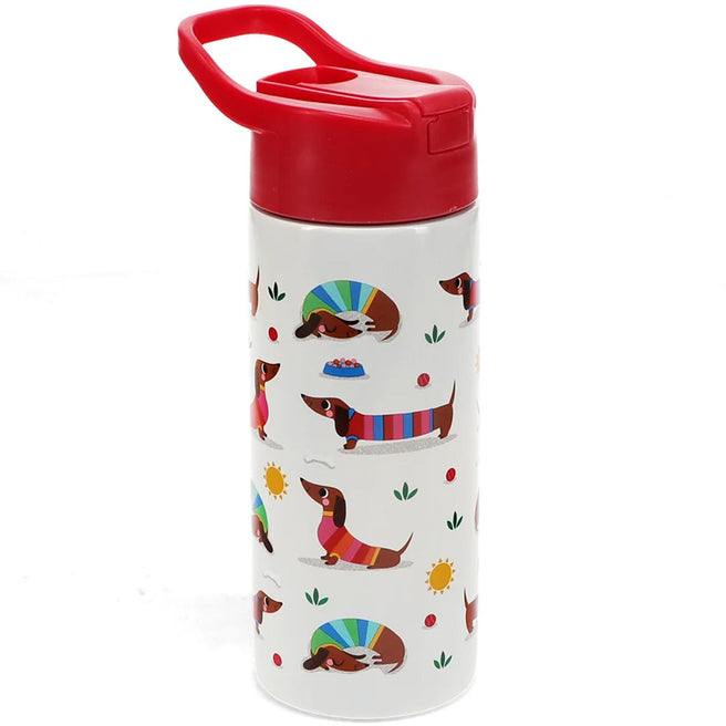 Rex London drinkfles met een patroon van vrolijke teckels en zonnen.