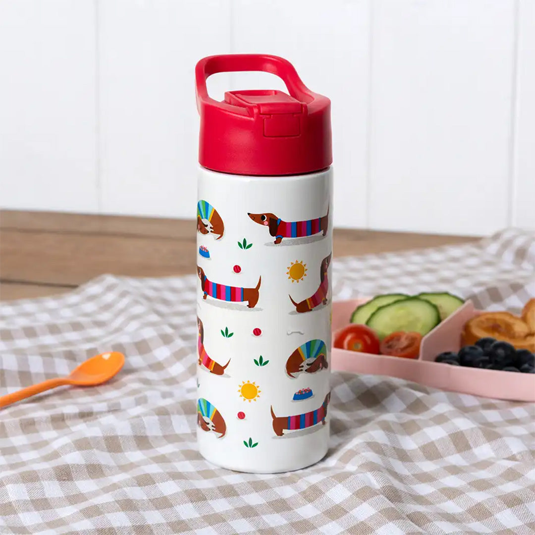 Rex London drinkfles met teckelpatroon op een geruite doek naast een lunchbox.