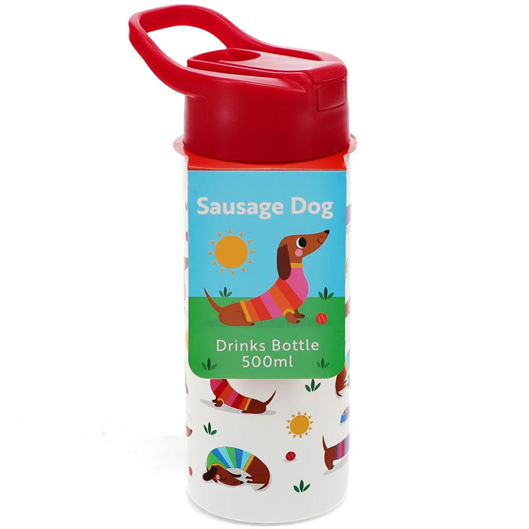 De voorkant van de verpakking van de Rex London drinkfles met een afbeelding van een teckel en de tekst "Sausage Dog Drinks Bottle 500ml".