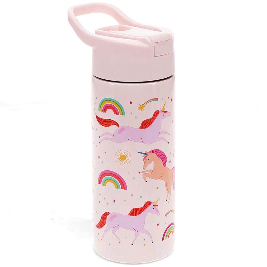 Roze Rex London drinkfles met eenhoorn-, regenboog- en sterrenpatroon.