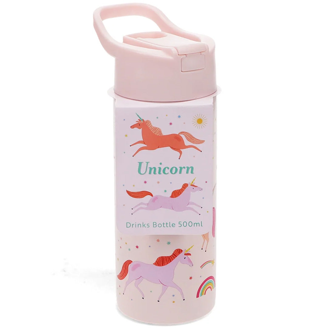 Voorkant van de verpakking van de roze Rex London drinkfles met eenhoornpatroon en de tekst "Unicorn Drinks Bottle 500ml".
