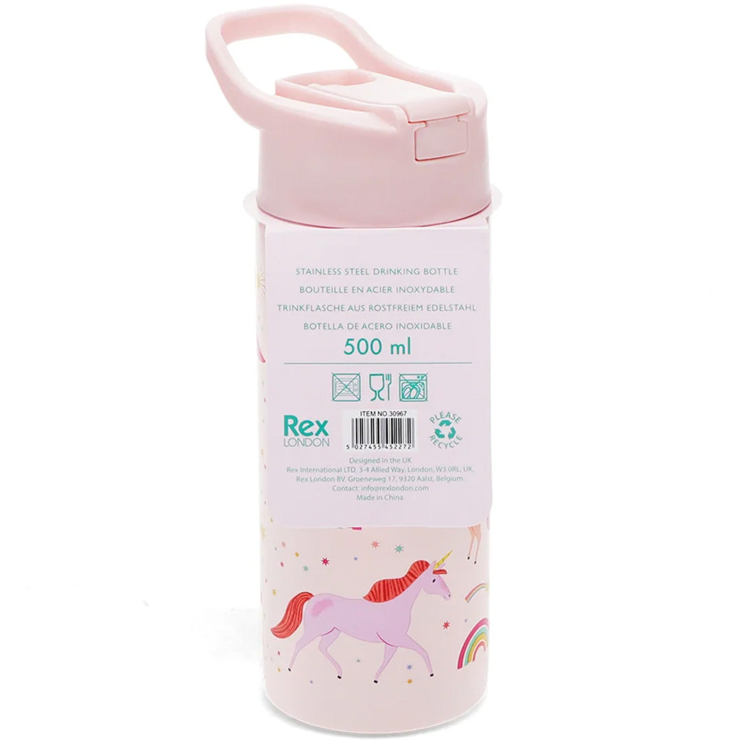 Achterkant van de verpakking van de roze Rex London drinkfles met eenhoornpatroon en productinformatie.