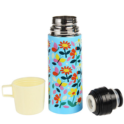 Rex London RVS thermosfles met bloemen- en vlinderpatroon, gedemonteerd met losse beker en dop.
