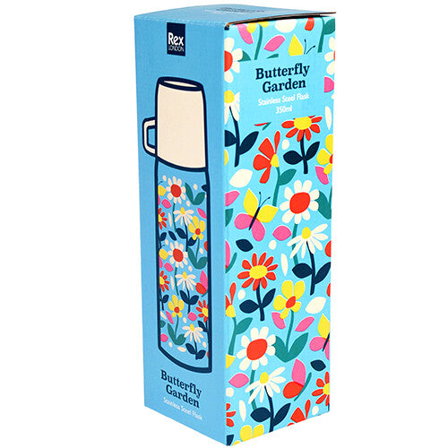 De Rex London verpakking van de RVS thermosfles met bloemen- en vlinderpatroon.
