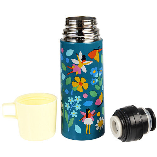 Rex London thermosfles met beker en losse dop, versierd met feeën en bloemen.