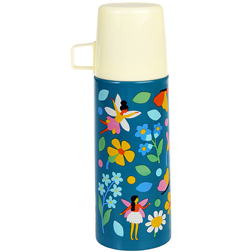 Rex London thermosfles met beker, versierd met feeën en bloemen.