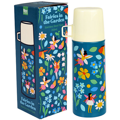Rex London thermosfles met feeën en bloemen naast de bijpassende verpakking.