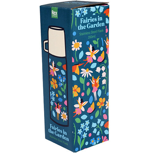 De verpakking van de Rex London thermosfles met feeën en bloemen.