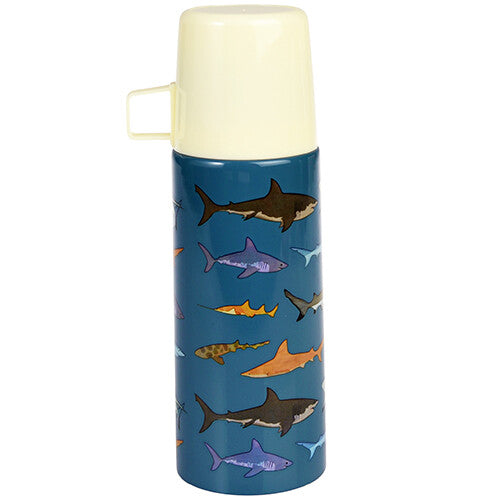 Rex London RVS thermosfles met haaienpatroon en gele beker erop.
