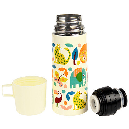 Rex London thermosfles met dierenpatroon, de beker en dop liggen ernaast.