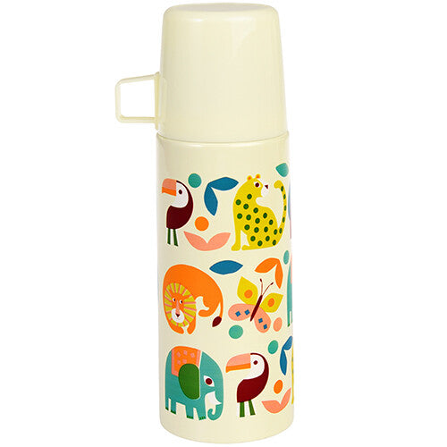 Rex London thermosfles met dierenpatroon en de drinkbeker erop.