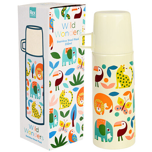 Rex London thermosfles met dierenpatroon naast de productverpakking.