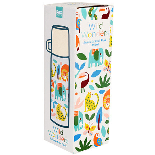 De productverpakking van de Rex London thermosfles met dierenpatroon.
