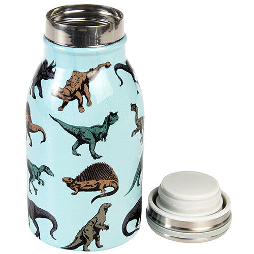 Open Rex London rvs thermosfles met dinosauruspatroon en losse dop ernaast.