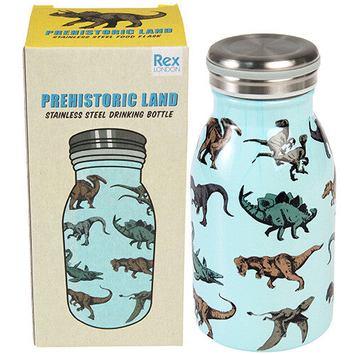 Rex London rvs thermosfles met dinosauruspatroon naast de productverpakking.