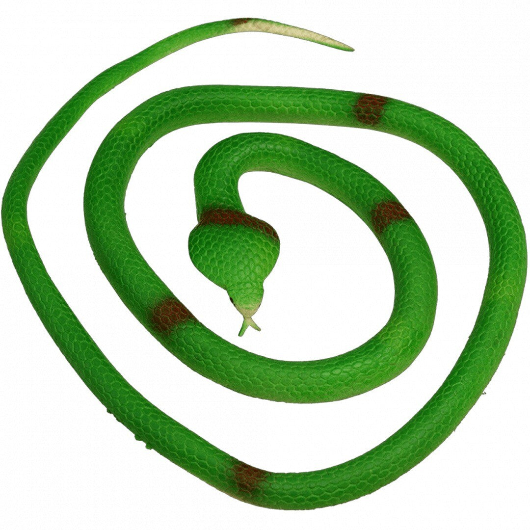 Groen rubberen slang dierenfiguurtje deels uitgerold, van bovenaf gezien.