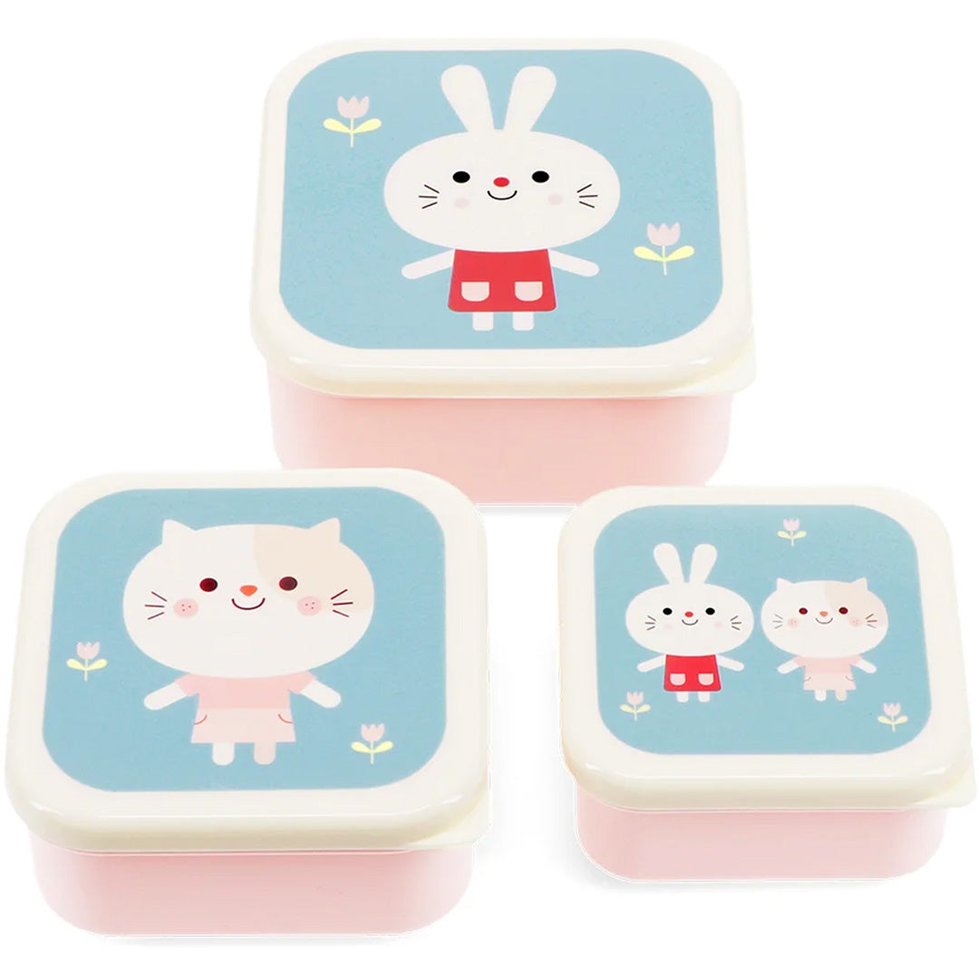 Rex London snackdoosjes Lottie and Friends, een set van drie roze en blauwe doosjes met konijn- en katfiguren.