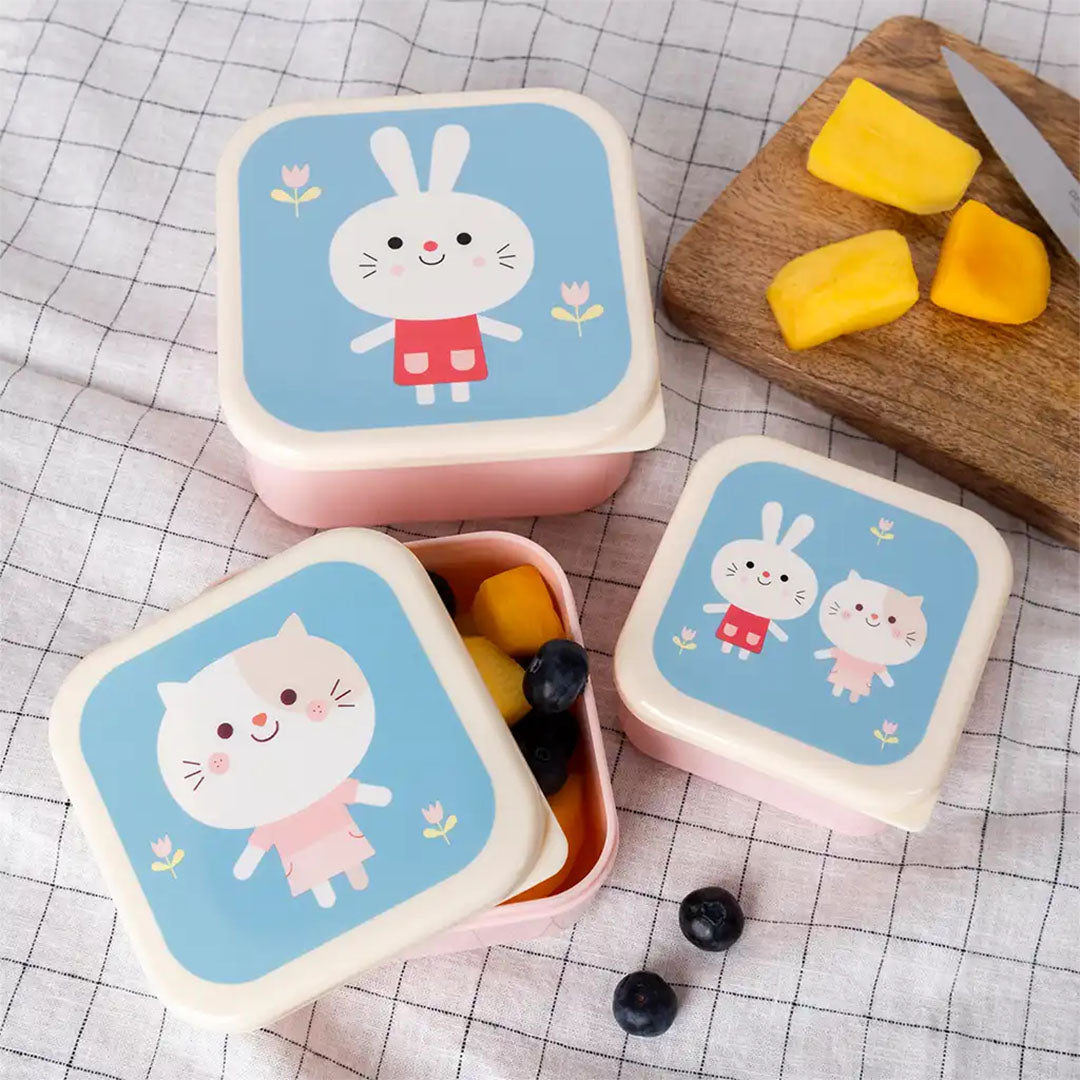 Rex London snackdoosjes Lottie and Friends gevuld met fruit op een geruite ondergrond, met een snijplank ernaast.
