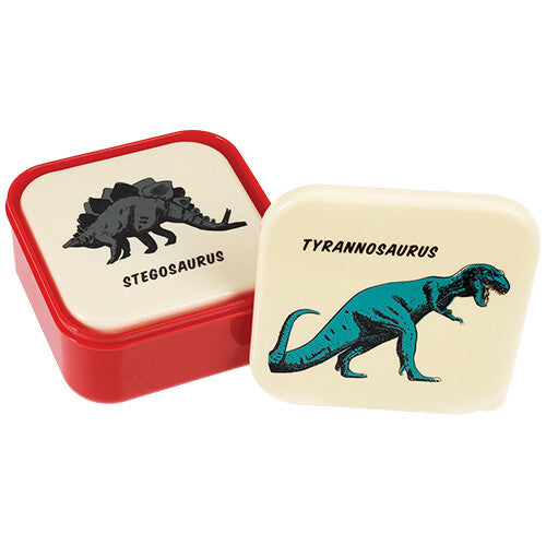 Twee Rex London snackdoosjes met deksels met een Stegosaurus en een Tyrannosaurus.