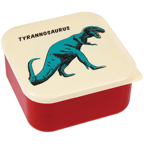 Een rood Rex London snackdoosje met een deksel met een blauwe Tyrannosaurus illustratie.
