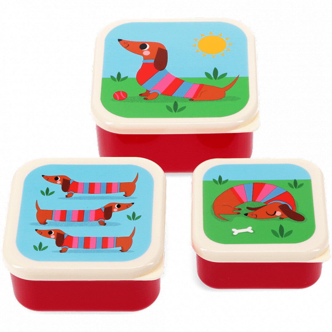 Drie Rex London snackdoosjes met rode onderkant en deksels met illustraties van teckels.