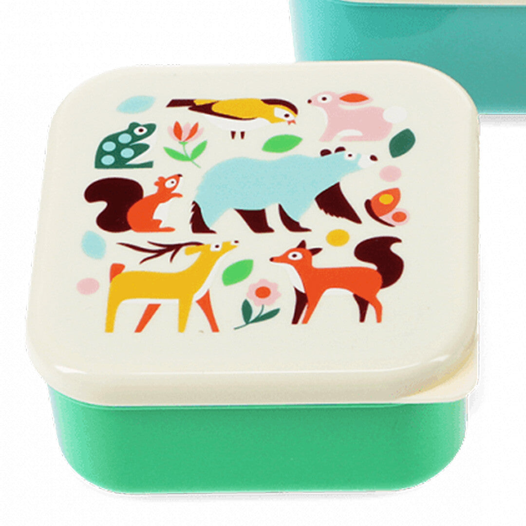 Close-up van een rex london snackdoosje met groene onderkant en een deksel met een kleurrijke woodland dierenprint.