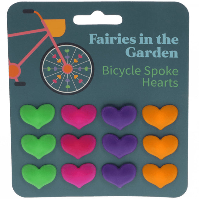 Rex London verpakking voor spaakdecoratie hartjes met een fietsillustratie en 12 gekleurde hartjes.