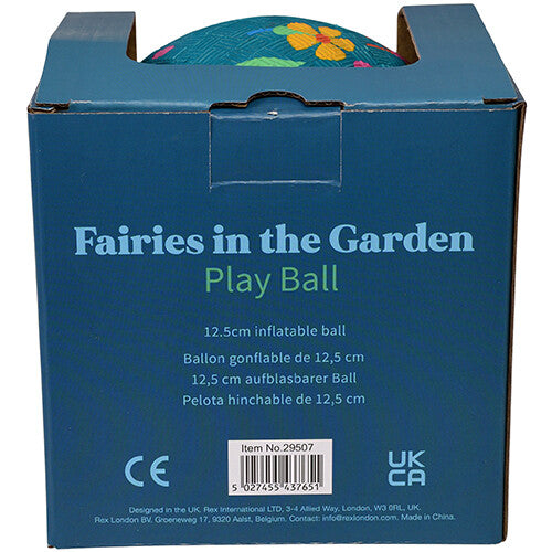 Achterkant van de Rex London verpakking van de 'Fairies in the Garden' speelbal met productinformatie.