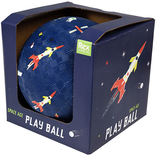 Rex London speelbal met space age thema in de blauwe kartonnen verpakking met raketillustratie.