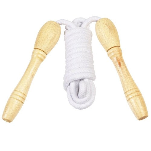 Rex London springtouw met houten handvatten en opgerold wit touw.