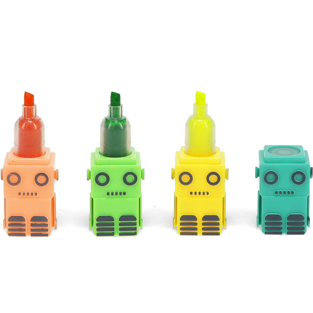 Vier Rex London robot highlighters in oranje, groen, geel en teal, staand met de doppen eraf.