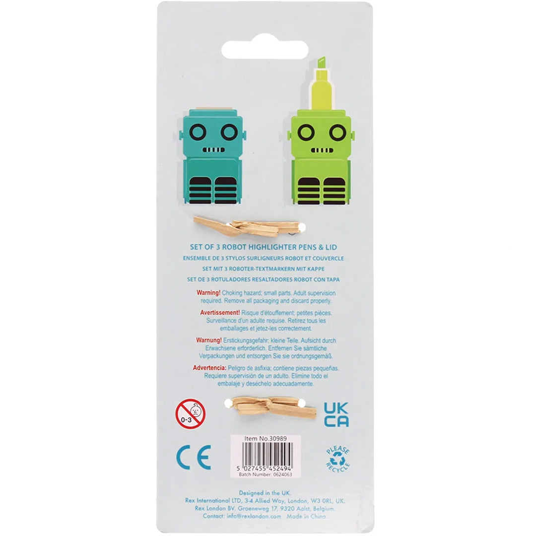 Achterkant van de verpakking van de Rex London robot highlighters met productinformatie en waarschuwingen.