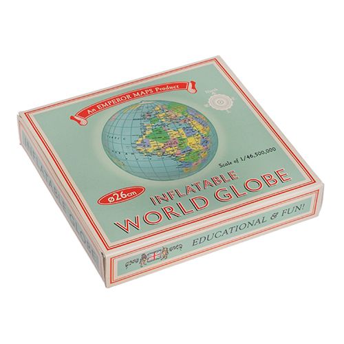 Verpakking van de Rex London opblaasbare wereldbol strandbal met een wereldkaart.