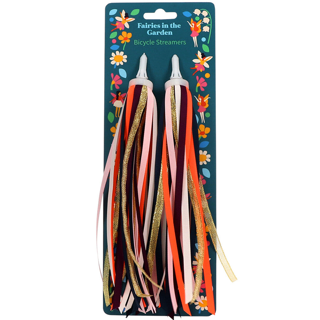 Verpakking van de Rex London Fairies in the Garden stuurslingers voor fiets, met veelkleurige linten.