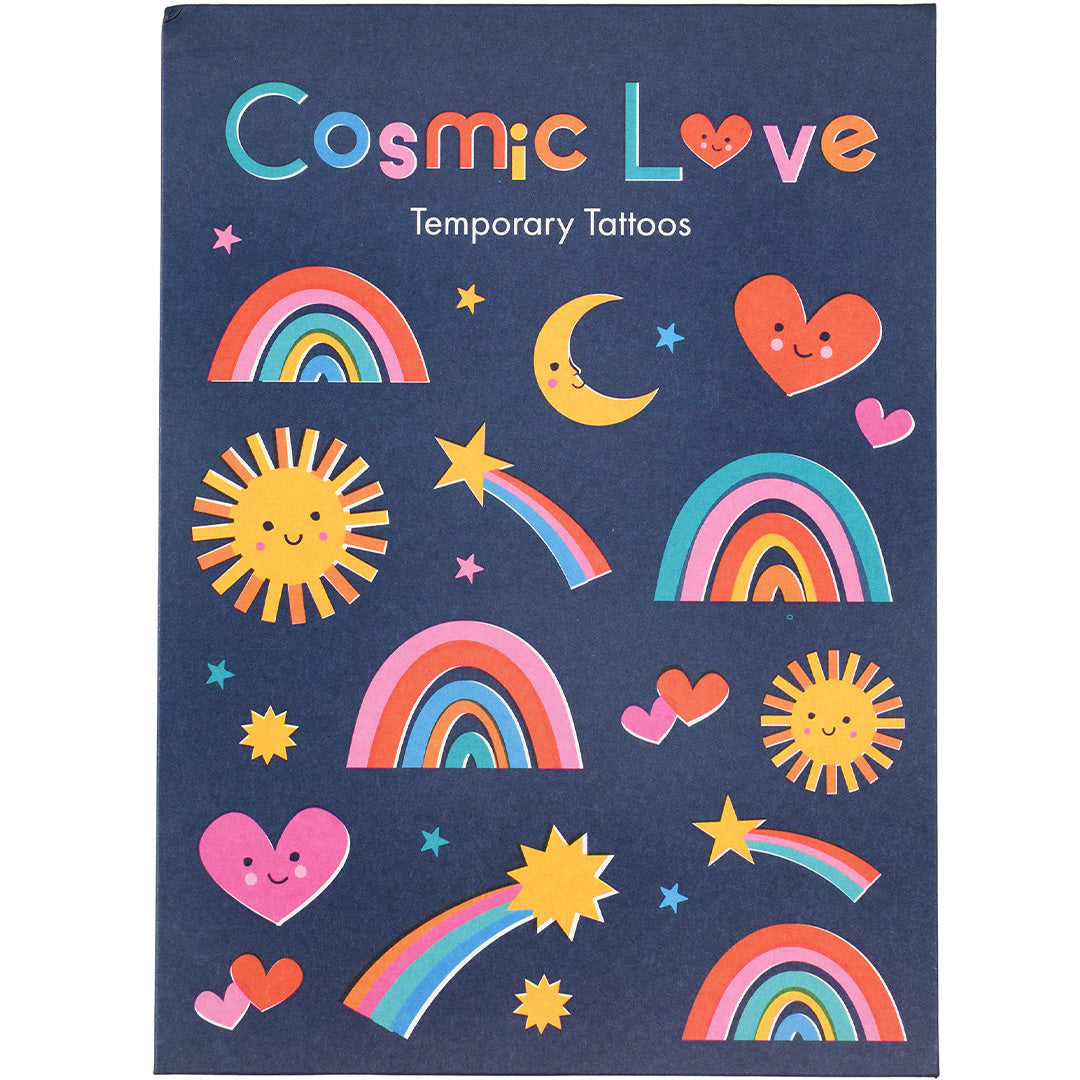 Rex London verpakking van tijdelijke tatoeages voor kinderen met regenboog-, hart-, ster-, zon- en maanmotieven.