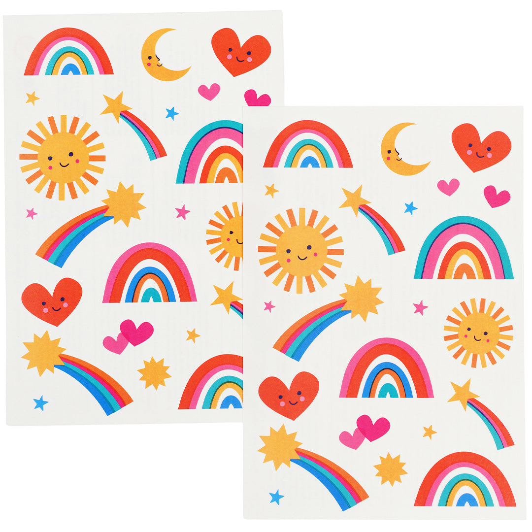 Twee vellen met kleurrijke tijdelijke tatoeages voor kinderen met regenboog-, hart-, ster-, zon- en maanmotieven.