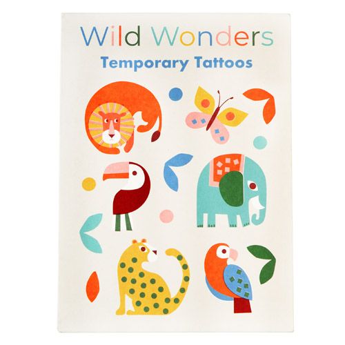 Verpakking van Rex London Wild Wonders tijdelijke tatoeages voor kinderen met dierenillustraties.