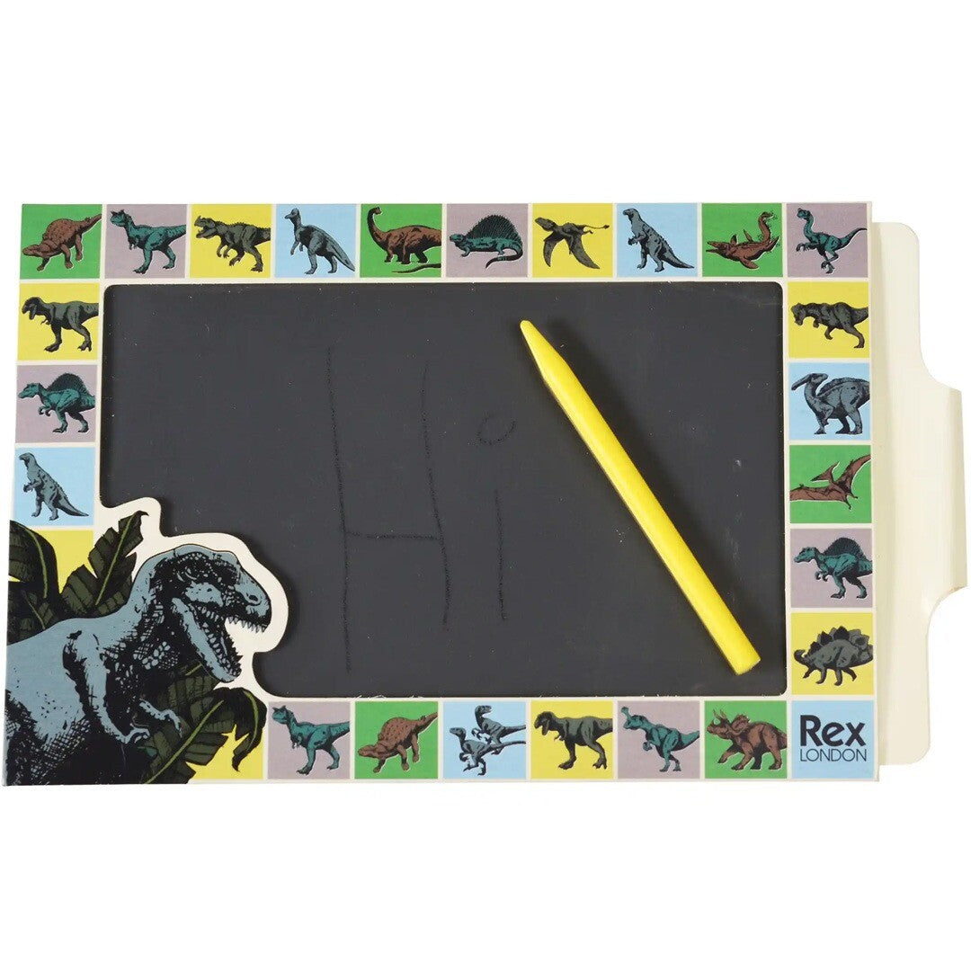 Rex London tekenbord met dinosaurus thema, waarop "Hi" is geschreven en de gele stylus ligt.
