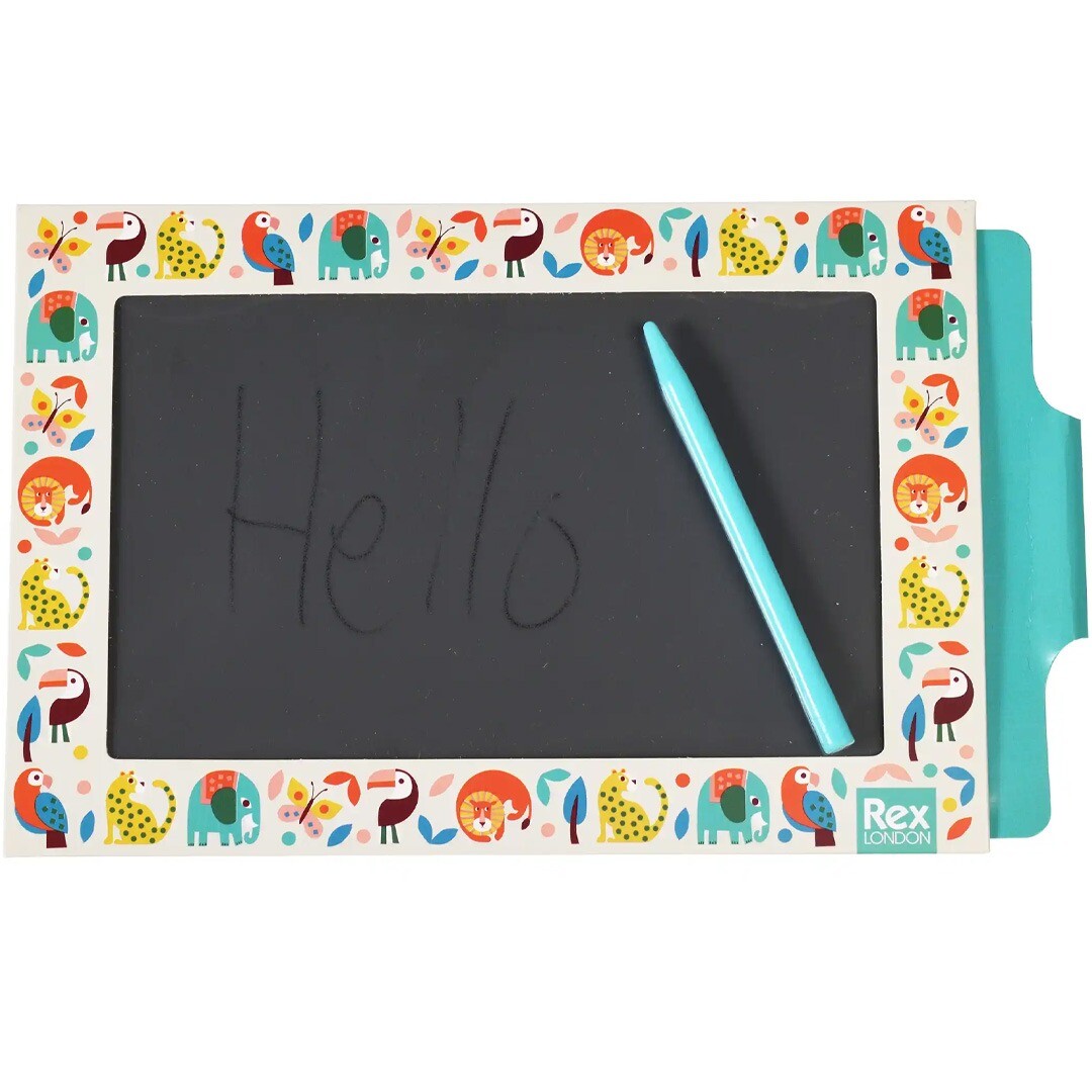 Rex London tekenbord met dierenpatroon en een blauwe stylus, met het woord "Hello" erop.