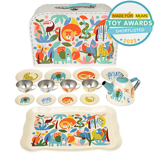 Rex London Wild Wonders speelgoed servies met theepot, kopjes, bordjes en een dienblad, met de bijpassende koffer erachter.