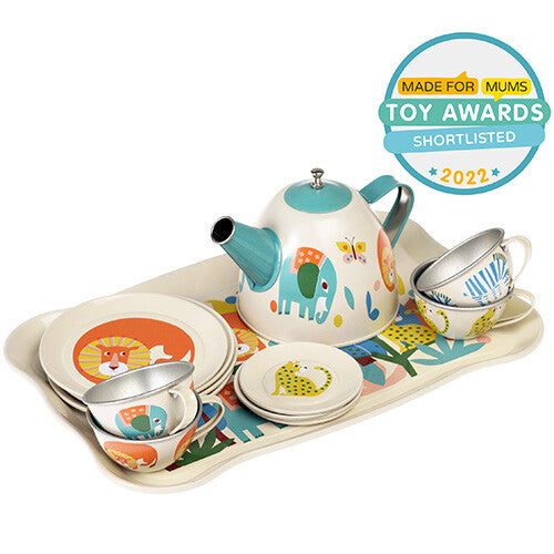 Een close-up van het Rex London Wild Wonders speelgoed servies met theepot, kopjes en bordjes op het dienblad.