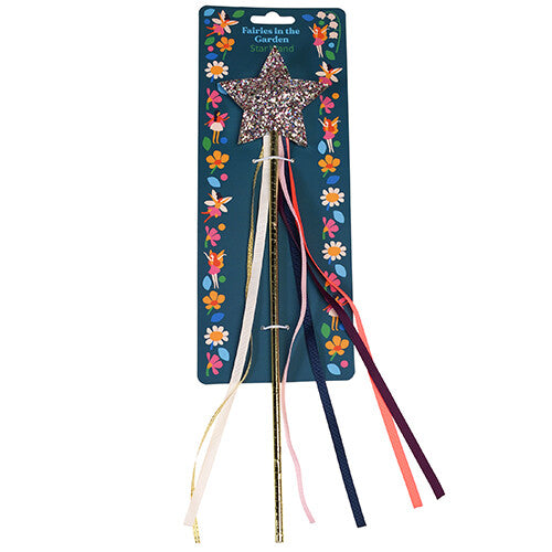 De Rex London toverstaf met glitterster en linten op de 'Fairies in the Garden' verpakking.