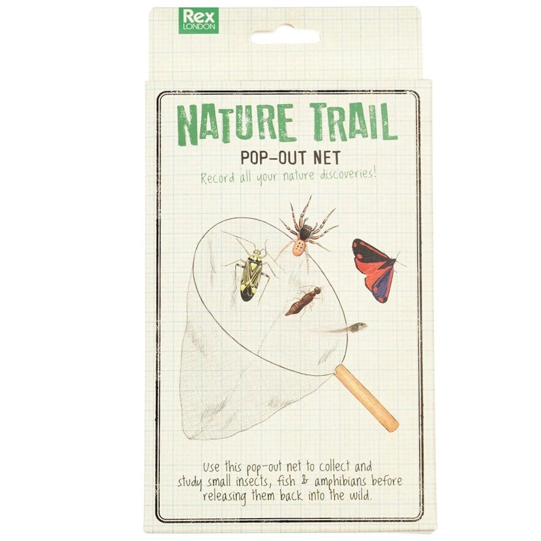 De voorkant van de Rex London 'Nature Trail Pop-Out Net' verpakking met illustraties van insecten.
